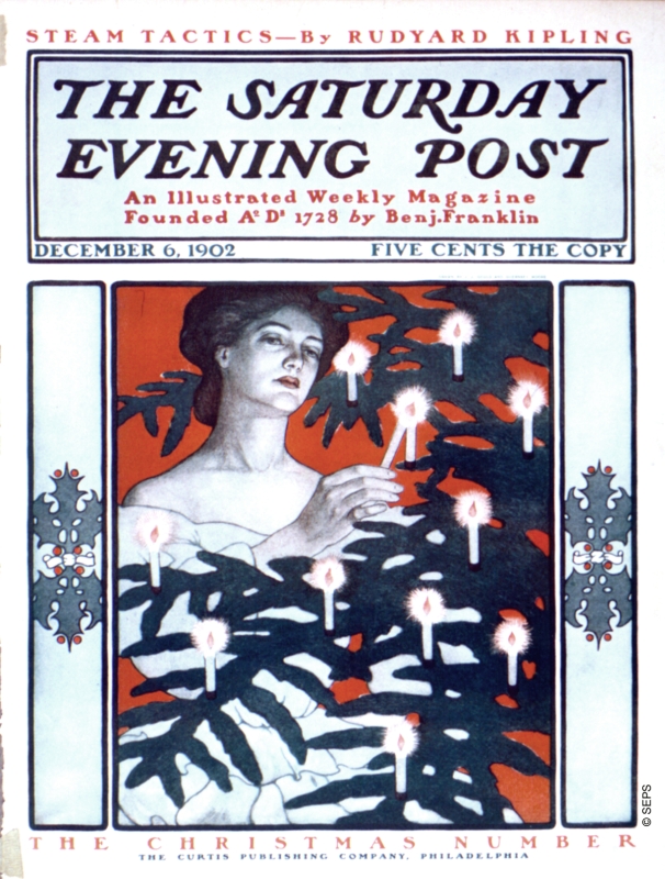 Woman lighting candles on Christmas tree | The Saturday Evening Post